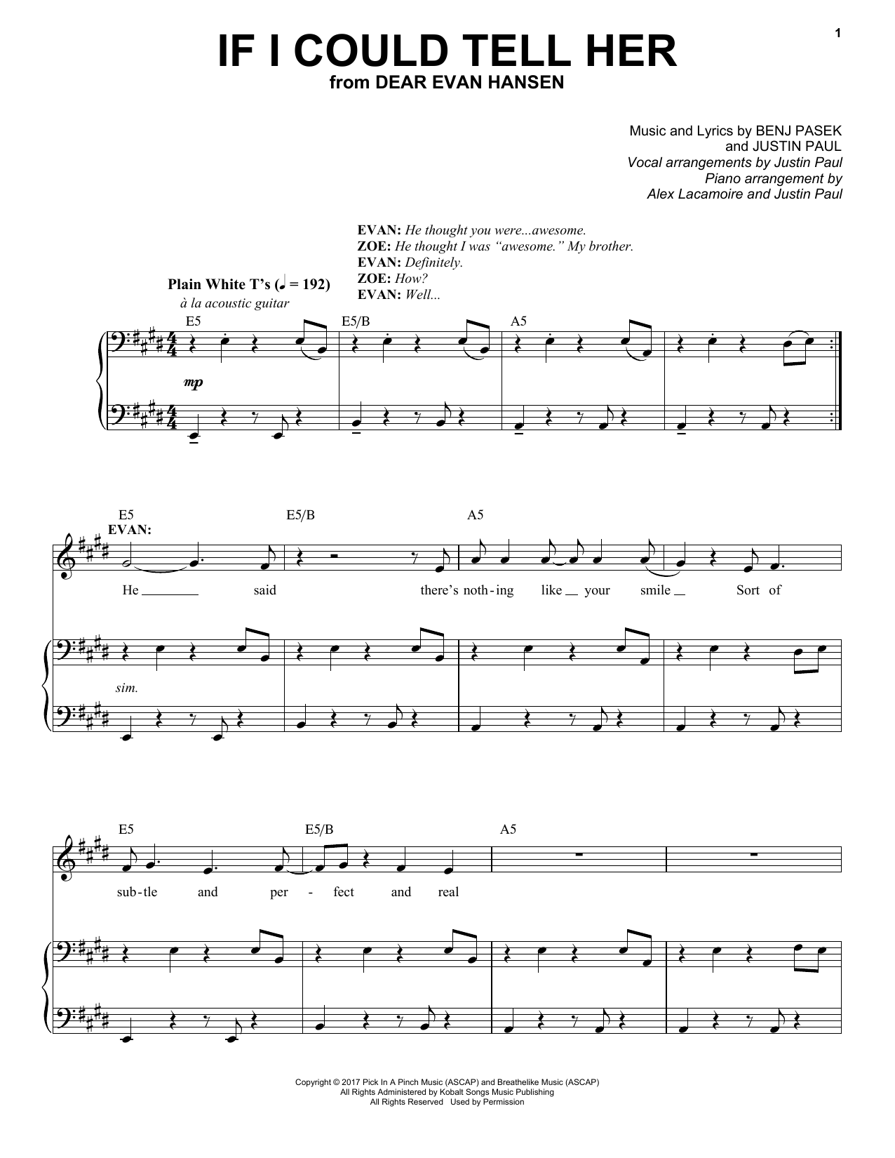 Pasek & Paul If I Could Tell Her (from Dear Evan Hansen) sheet music notes and chords. Download Printable PDF.