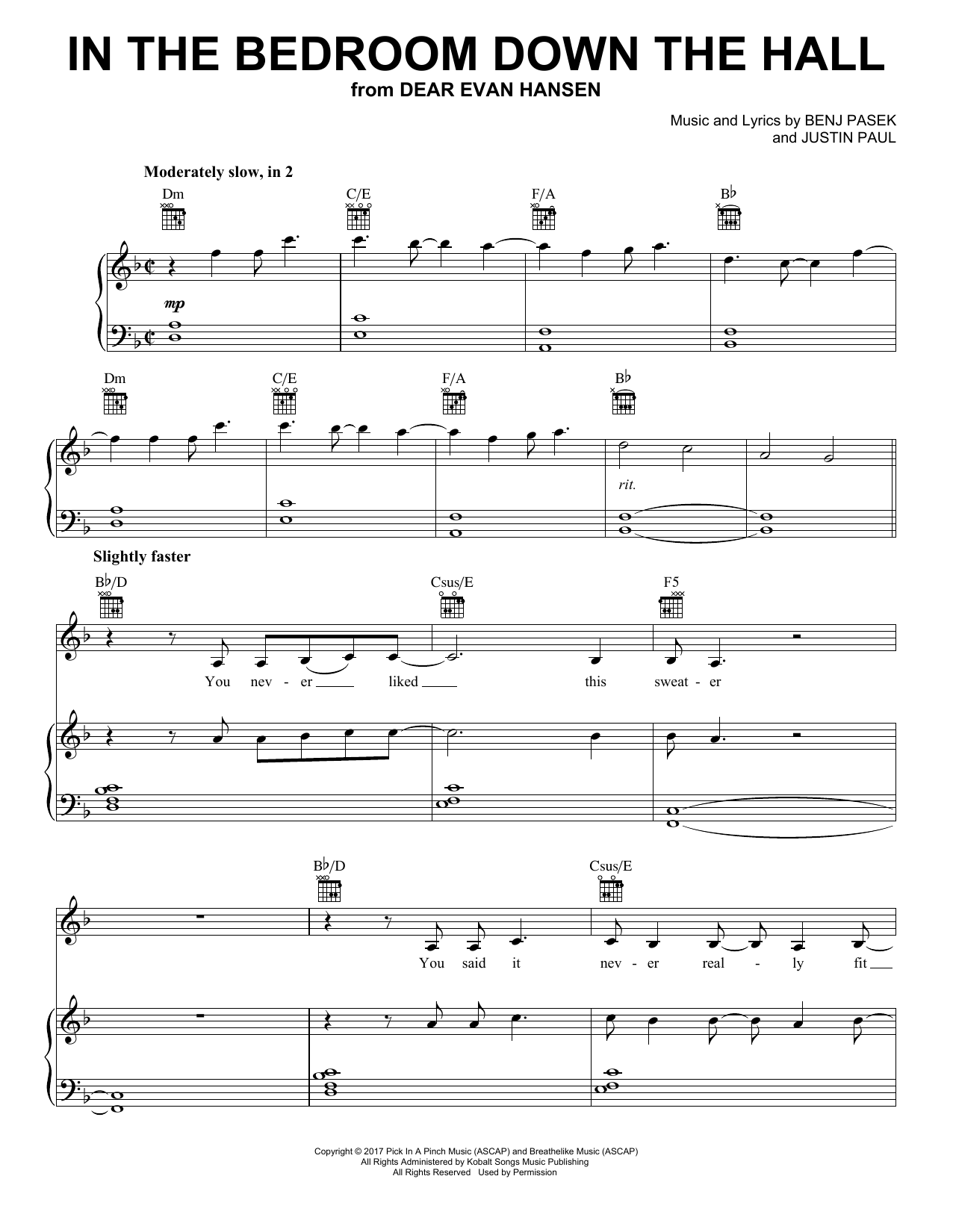 Pasek & Paul In The Bedroom Down The Hall (from Dear Evan Hansen) sheet music notes and chords. Download Printable PDF.