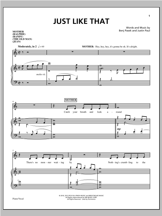 Pasek & Paul Just Like That sheet music notes and chords arranged for Piano, Vocal & Guitar Chords (Right-Hand Melody)