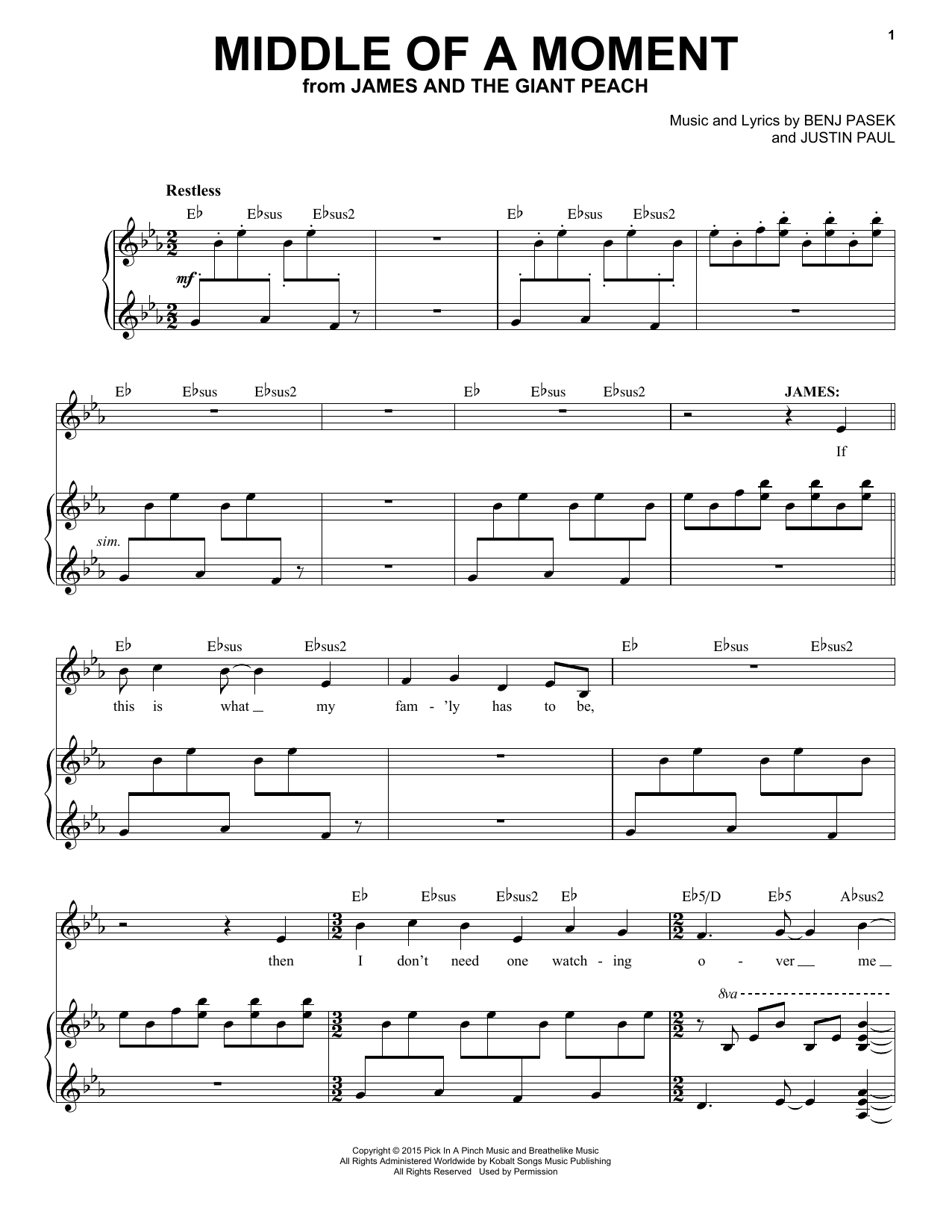 Pasek & Paul Middle Of A Moment (from James And The Giant Peach) sheet music notes and chords arranged for Piano & Vocal