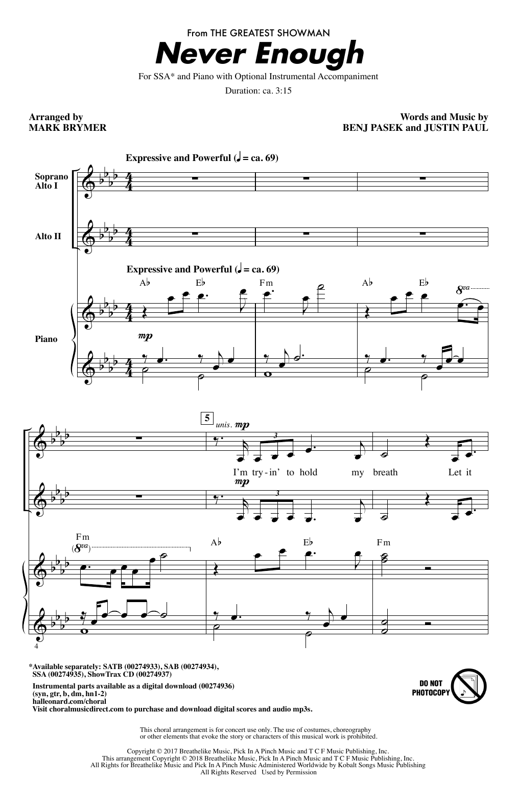 Pasek & Paul Never Enough (from The Greatest Showman) (arr. Mark Brymer) sheet music notes and chords. Download Printable PDF.