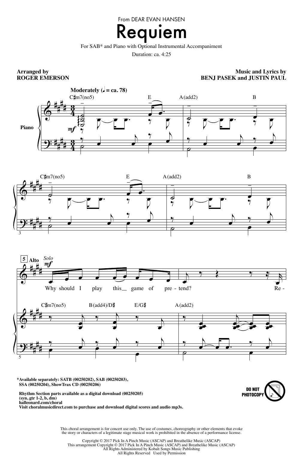 Pasek & Paul Requiem (from Dear Evan Hansen) (arr. Roger Emerson) sheet music notes and chords. Download Printable PDF.