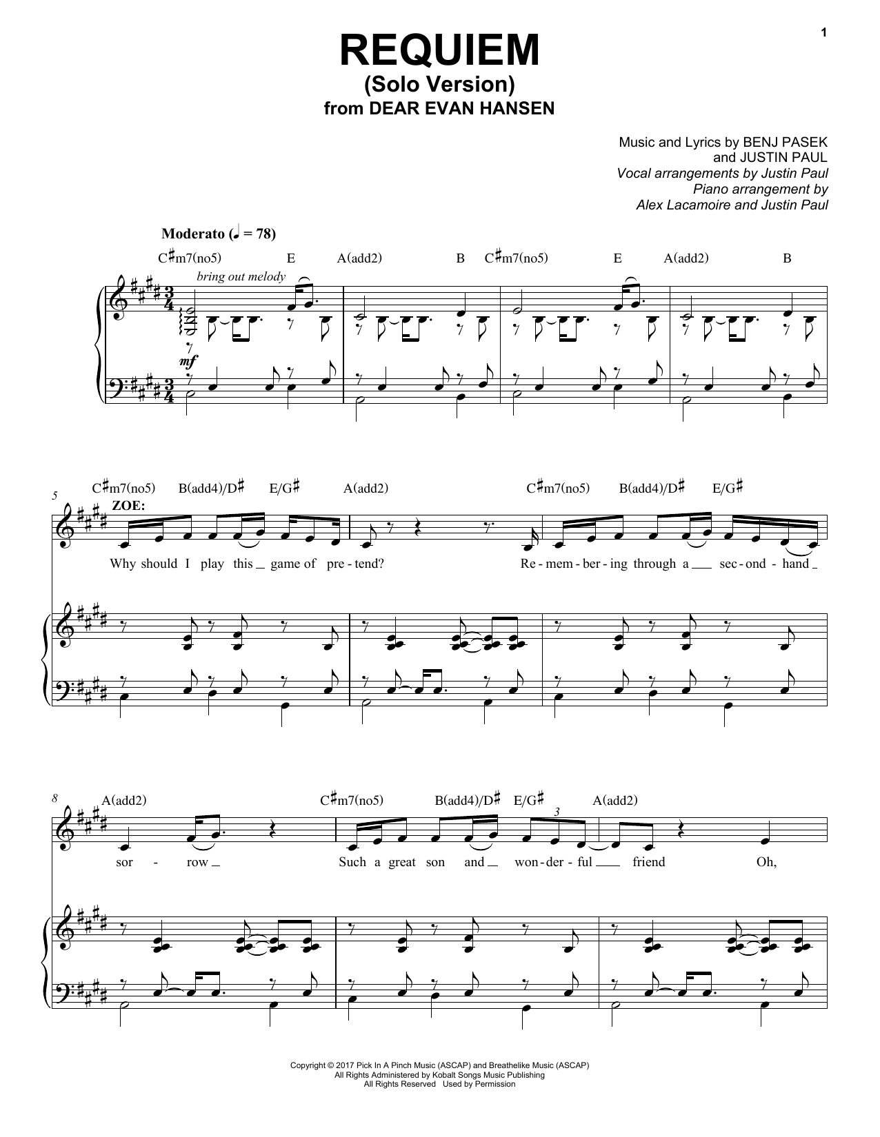 Pasek & Paul Requiem (Solo Version) (from Dear Evan Hansen) sheet music notes and chords. Download Printable PDF.