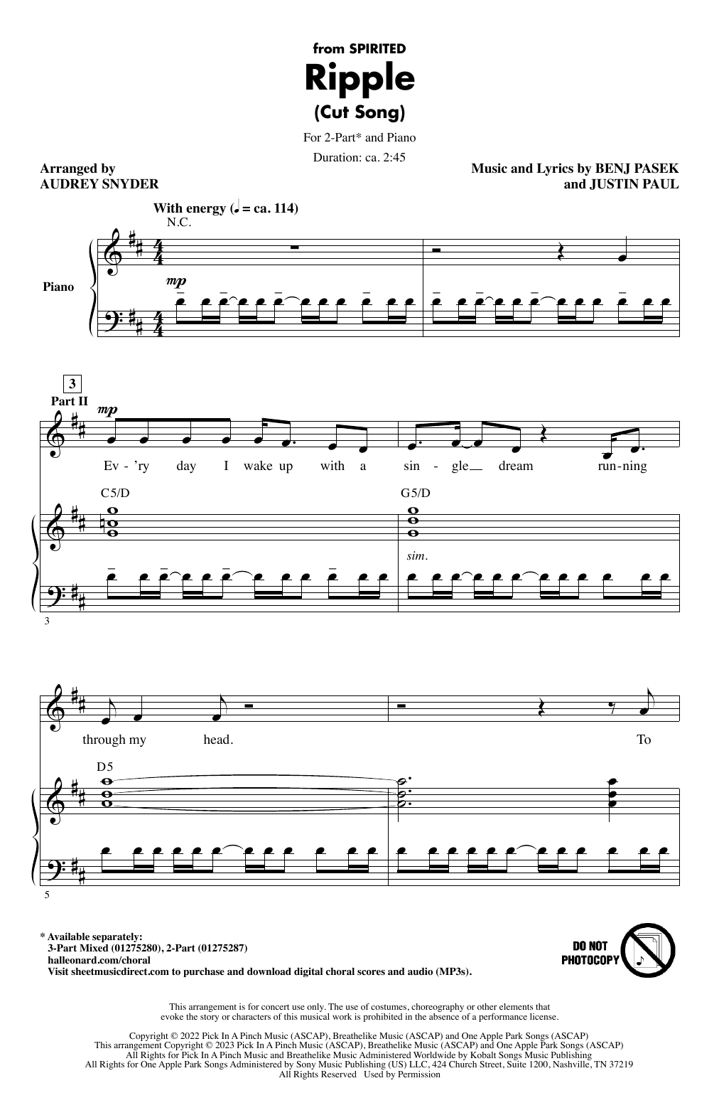 Pasek & Paul Ripple (Cut Song) (from Spirited) (arr. Audrey Snyder) sheet music notes and chords. Download Printable PDF.