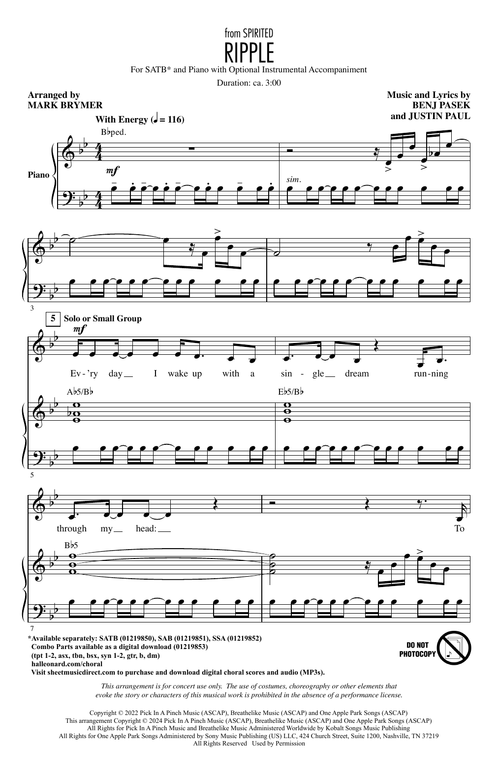 Pasek & Paul Ripple (Cut Song from Spirited) (arr. Mark Brymer) sheet music notes and chords. Download Printable PDF.