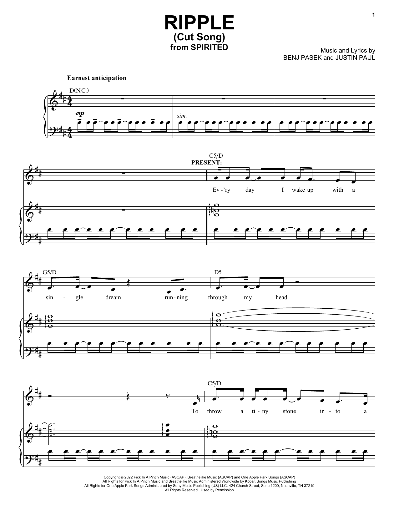 Pasek & Paul Ripple (Cut Song) (from Spirited) sheet music notes and chords. Download Printable PDF.