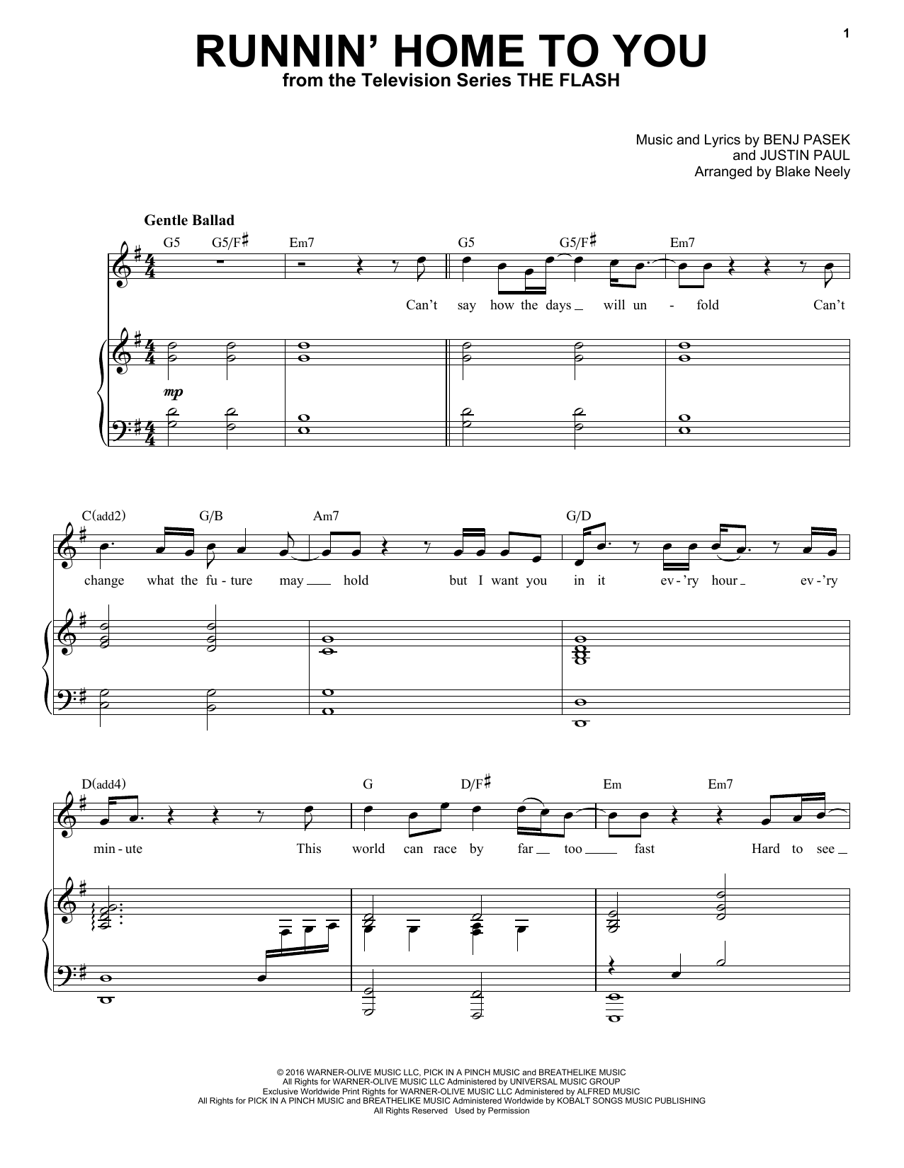 Pasek & Paul Runnin' Home To You (from The Flash) sheet music notes and chords arranged for Piano & Vocal