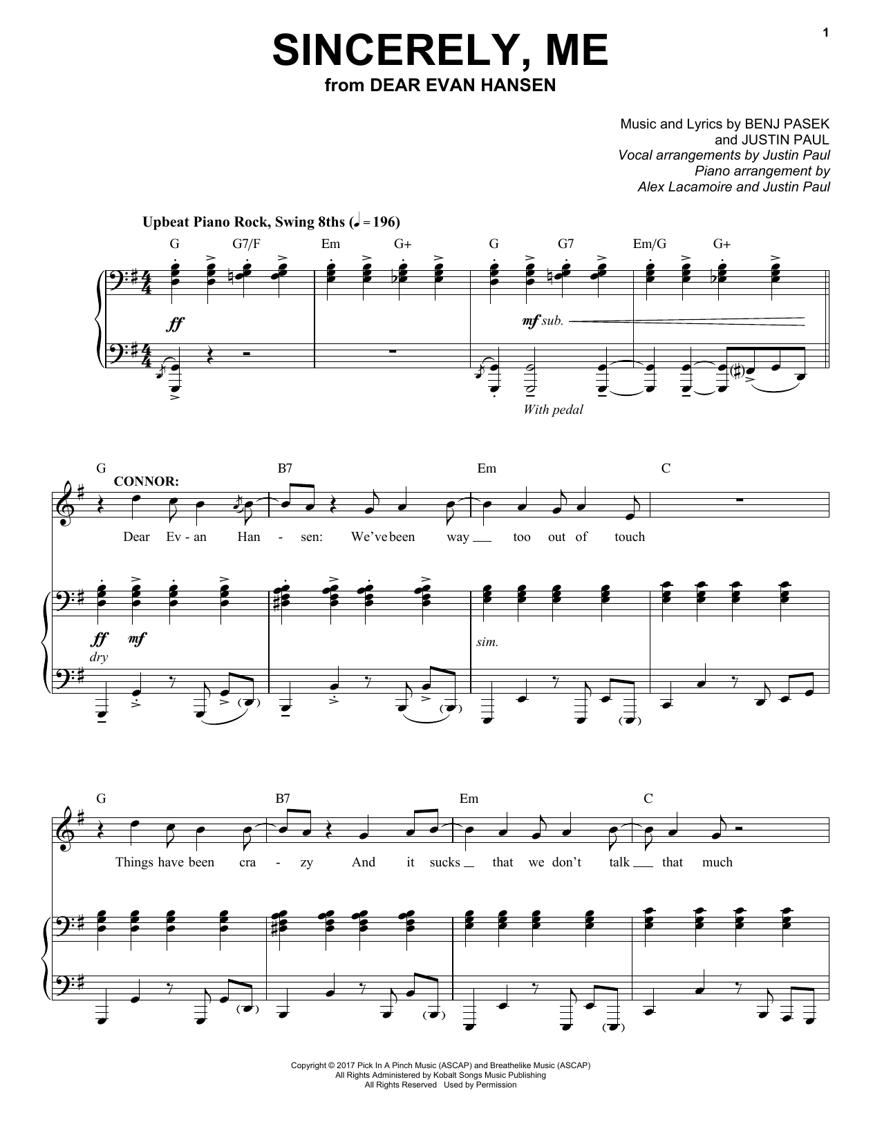 Pasek & Paul Sincerely, Me (from Dear Evan Hansen) sheet music notes and chords. Download Printable PDF.