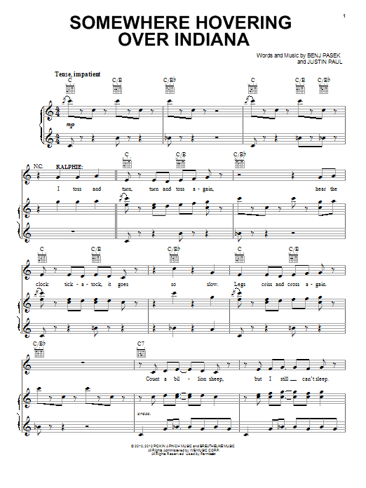 Pasek & Paul Somewhere Hovering Over Indiana sheet music notes and chords. Download Printable PDF.