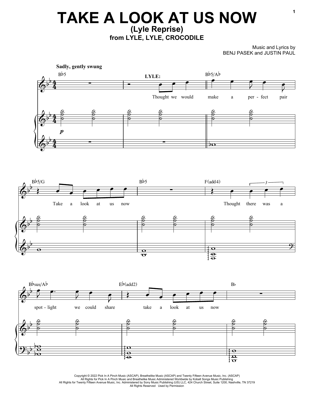 Pasek & Paul Take A Look At Us Now (Lyle Reprise) (from Lyle, Lyle, Crocodile) sheet music notes and chords arranged for Piano & Vocal