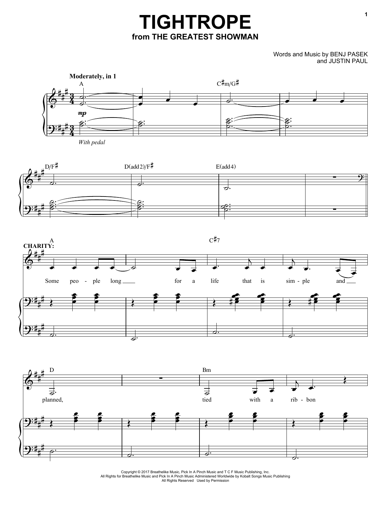 Pasek & Paul Tightrope (from The Greatest Showman) sheet music notes and chords. Download Printable PDF.