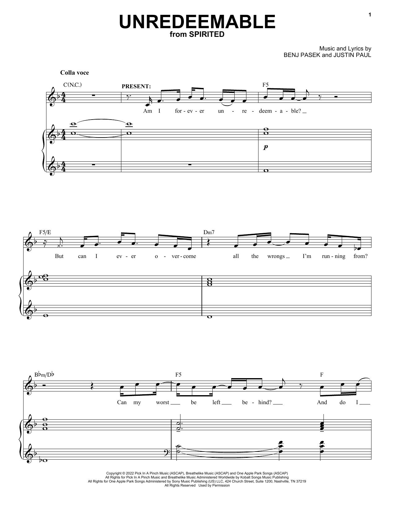 Pasek & Paul Unredeemable (from Spirited) sheet music notes and chords. Download Printable PDF.