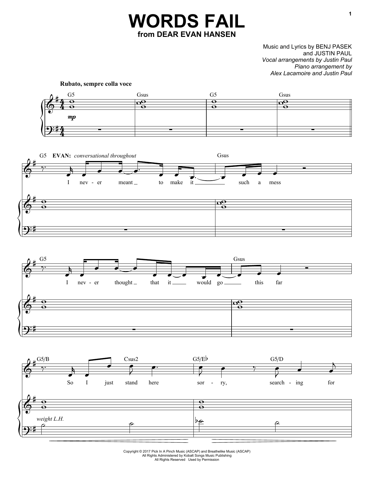 Pasek & Paul Words Fail (from Dear Evan Hansen) sheet music notes and chords. Download Printable PDF.