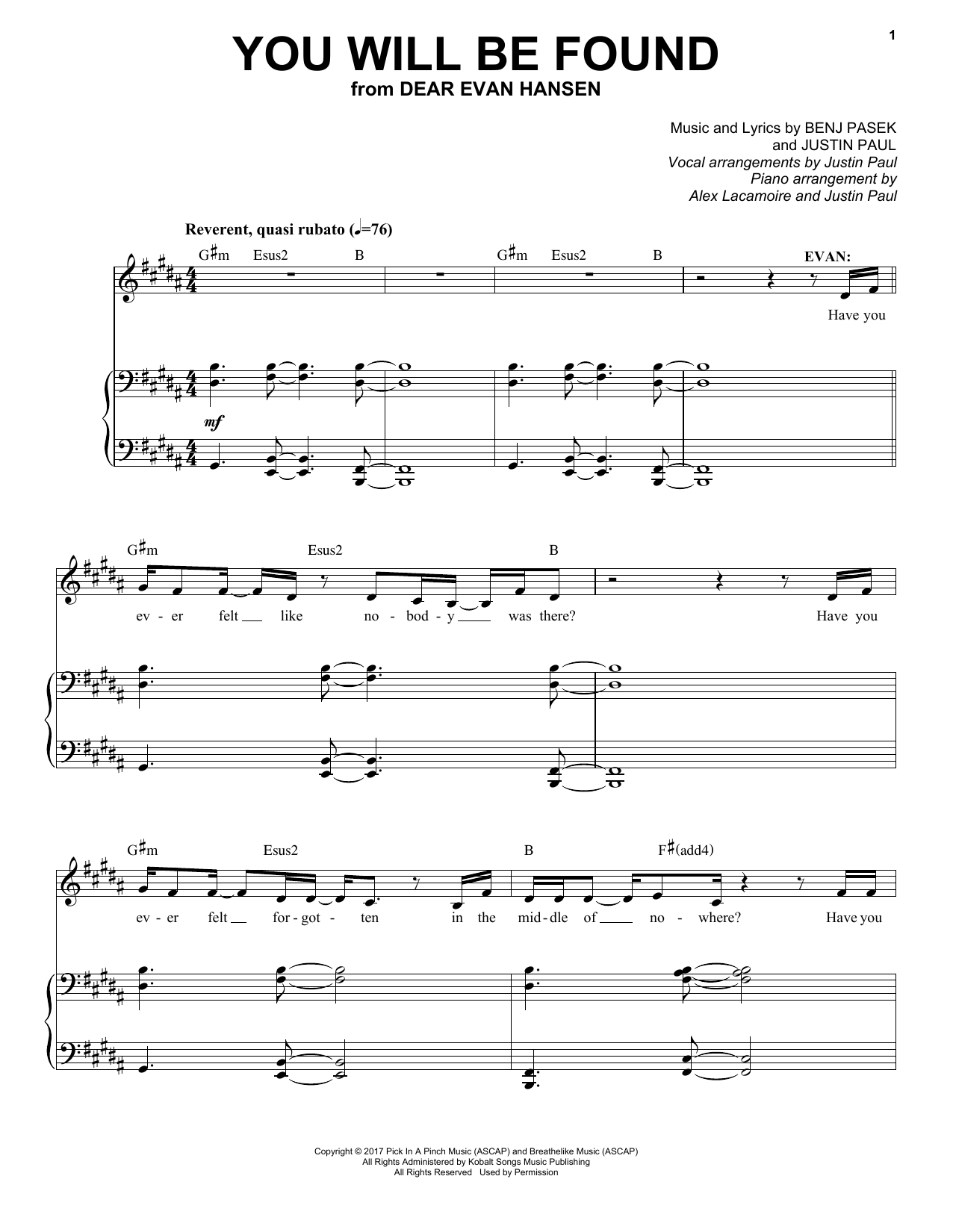 Pasek & Paul You Will Be Found sheet music notes and chords. Download Printable PDF.