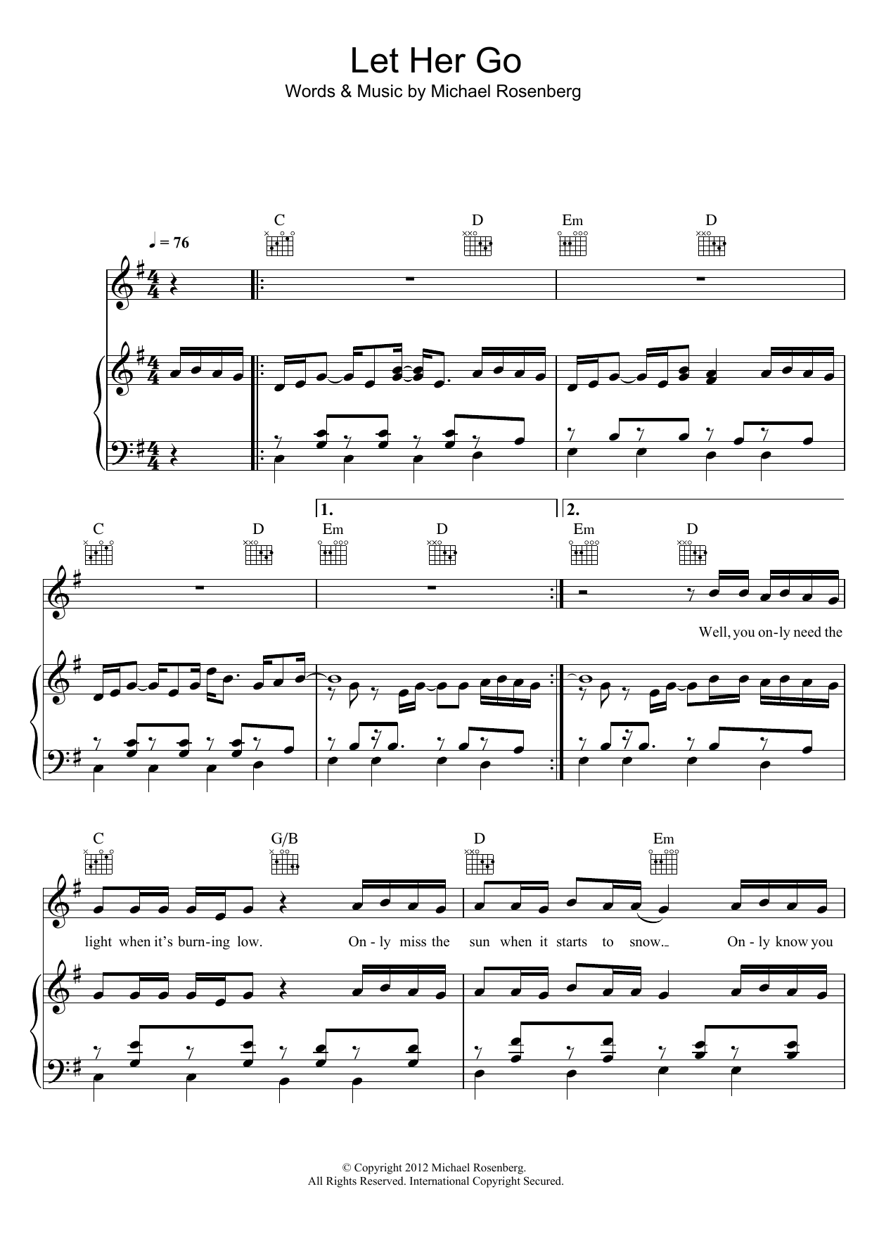 Passenger Let Her Go sheet music notes and chords. Download Printable PDF.