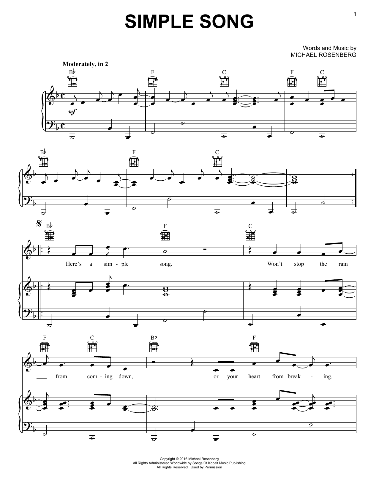 Passenger Simple Song sheet music notes and chords. Download Printable PDF.