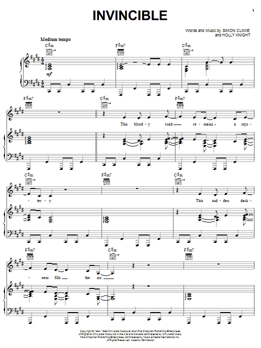 Learn to play Pat Benatar Invincible sheet music for Piano, Vocal & Guitar Chords (Right-Hand Melody) in minutes. Price: 7.8900$ Pat Benatar Invincible sheet music notes and chords arranged for Piano, Vocal & Guitar Chords (Right-Hand Melody)