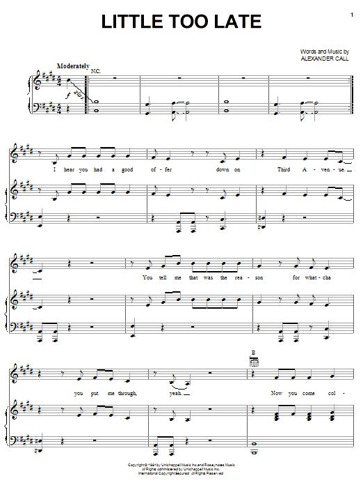 Pat Benatar Little Too Late sheet music notes and chords arranged for Piano, Vocal & Guitar Chords (Right-Hand Melody)