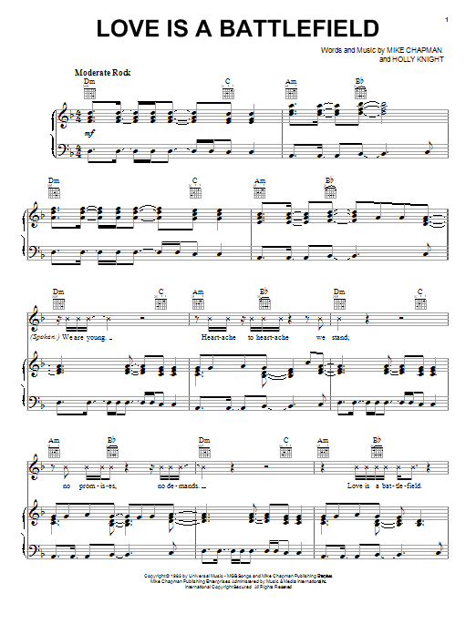 Pat Benatar Love Is A Battlefield sheet music notes and chords. Download Printable PDF.