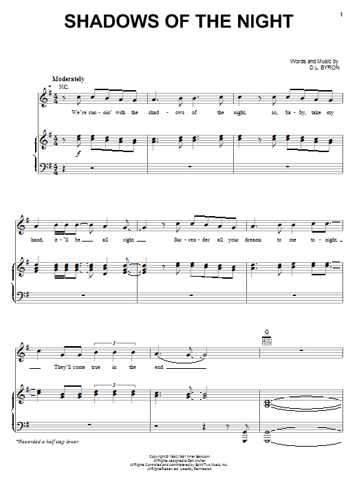 Learn to play Pat Benatar Shadows Of The Night sheet music for Piano, Vocal & Guitar Chords (Right-Hand Melody) in minutes. Price: 7.8900$ Pat Benatar Shadows Of The Night sheet music notes and chords arranged for Piano, Vocal & Guitar Chords (Right-Hand Melody)