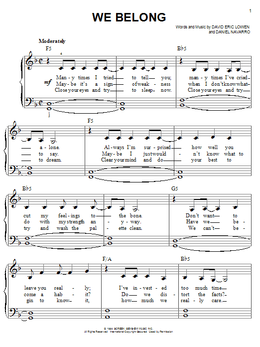 Pat Benatar We Belong sheet music notes and chords. Download Printable PDF.