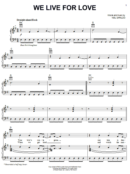 Learn to play Pat Benatar We Live For Love sheet music for Piano, Vocal & Guitar Chords (Right-Hand Melody) in minutes. Price: 7.8900$ Pat Benatar We Live For Love sheet music notes and chords arranged for Piano, Vocal & Guitar Chords (Right-Hand Melody)