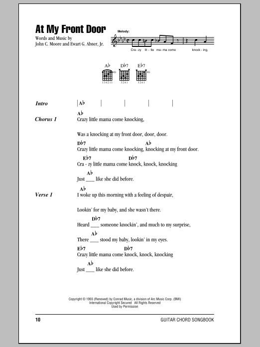 Pat Boone At My Front Door sheet music notes and chords arranged for Piano, Vocal & Guitar Chords (Right-Hand Melody)