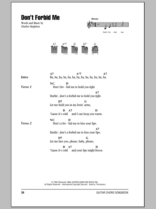 Pat Boone Don't Forbid Me sheet music notes and chords. Download Printable PDF.