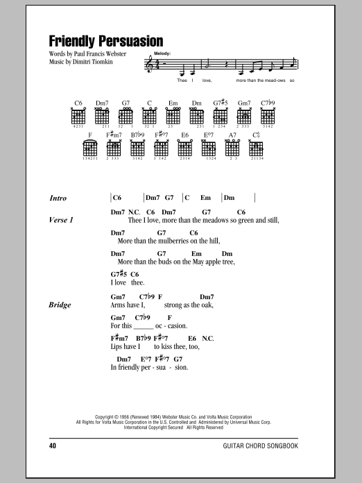 Pat Boone Friendly Persuasion sheet music notes and chords. Download Printable PDF.