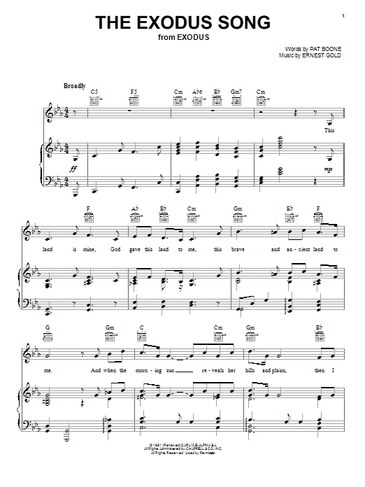 Pat Boone The Exodus Song sheet music notes and chords. Download Printable PDF.