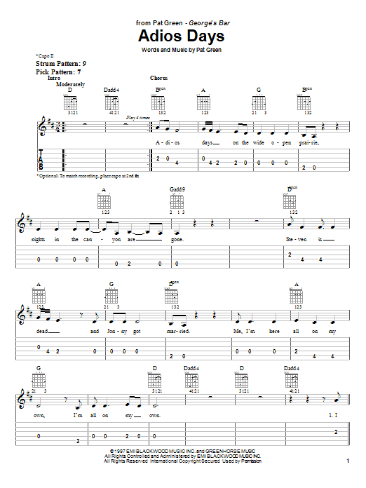 Pat Green Adios Days sheet music notes and chords. Download Printable PDF.