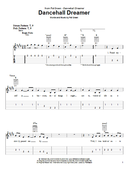 Pat Green Dancehall Dreamer sheet music notes and chords. Download Printable PDF.