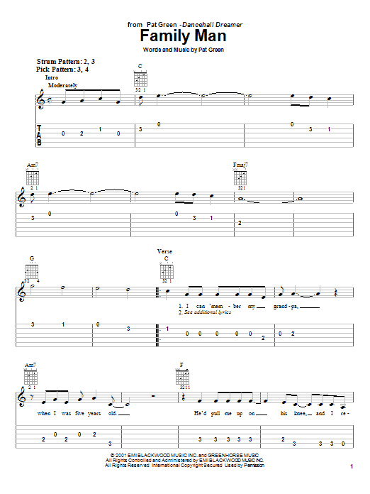 Learn to play Pat Green Family Man sheet music for Easy Guitar Tab in minutes. Price: 6.9900$ Pat Green Family Man sheet music notes and chords arranged for Easy Guitar Tab