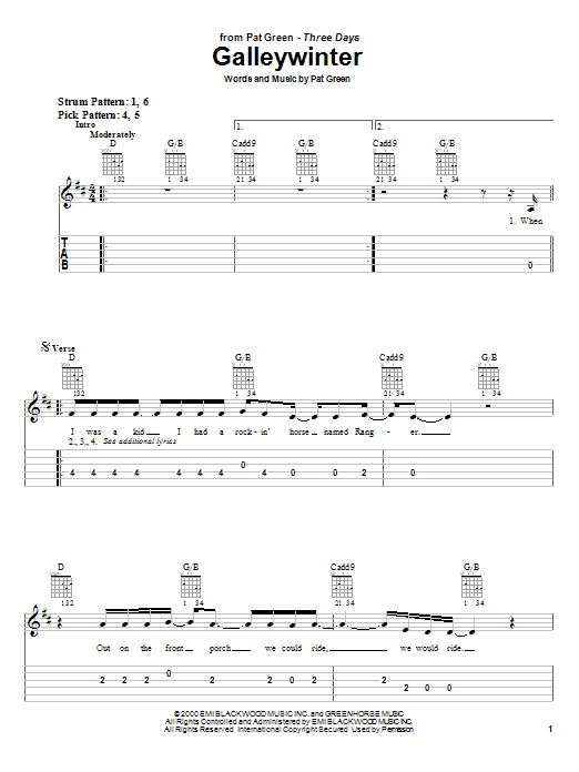 Pat Green Galleywinter sheet music notes and chords. Download Printable PDF.