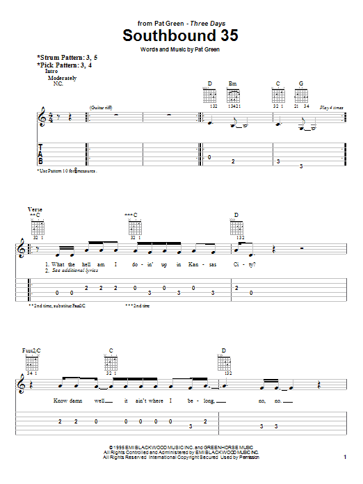 Pat Green Southbound 35 sheet music notes and chords. Download Printable PDF.