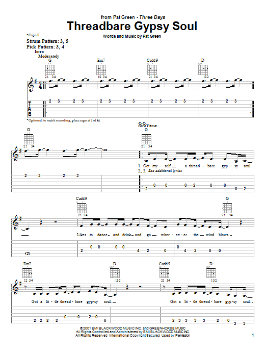 Learn to play Pat Green Threadbare Gypsy Soul sheet music for Easy Guitar Tab in minutes. Price: 6.9900$ Pat Green Threadbare Gypsy Soul sheet music notes and chords arranged for Easy Guitar Tab