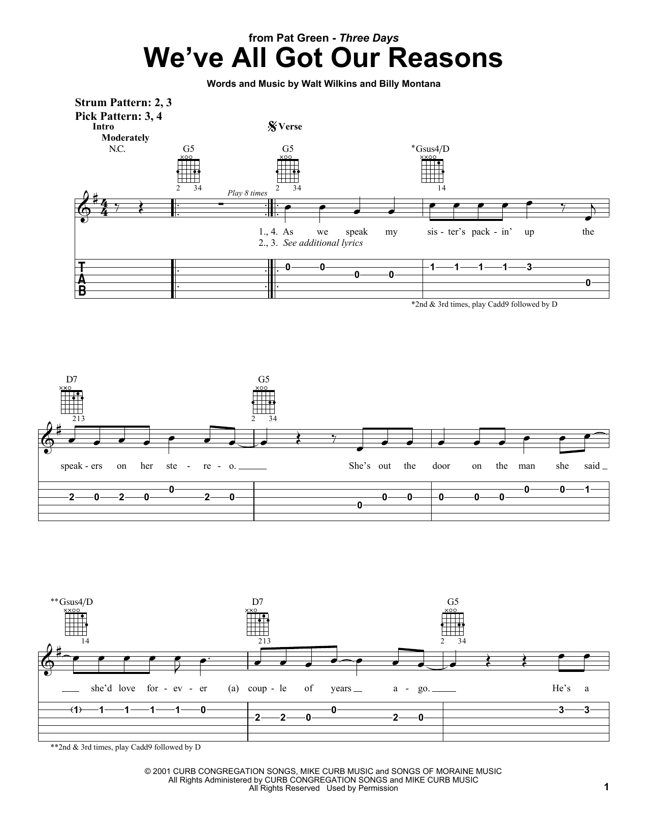 Pat Green We've All Got Our Reasons sheet music notes and chords. Download Printable PDF.