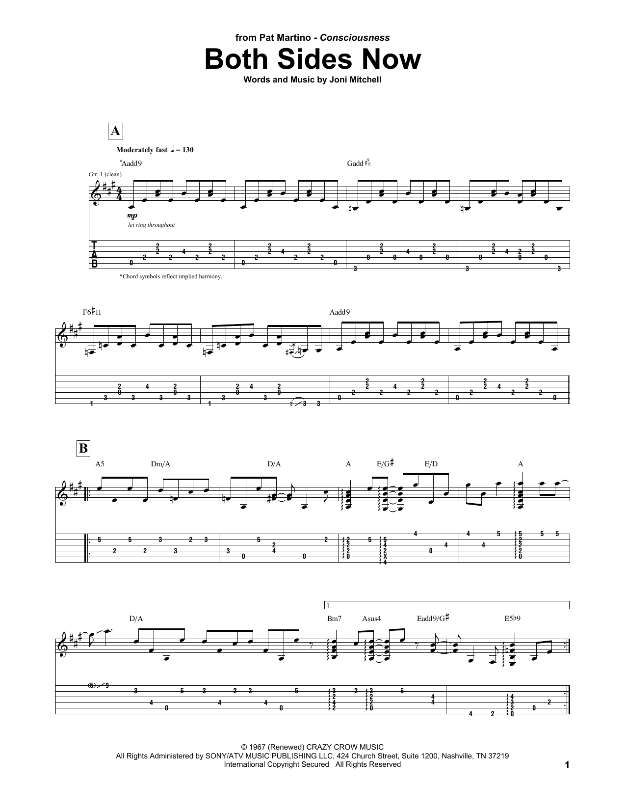 Pat Martino Both Sides Now sheet music notes and chords. Download Printable PDF.