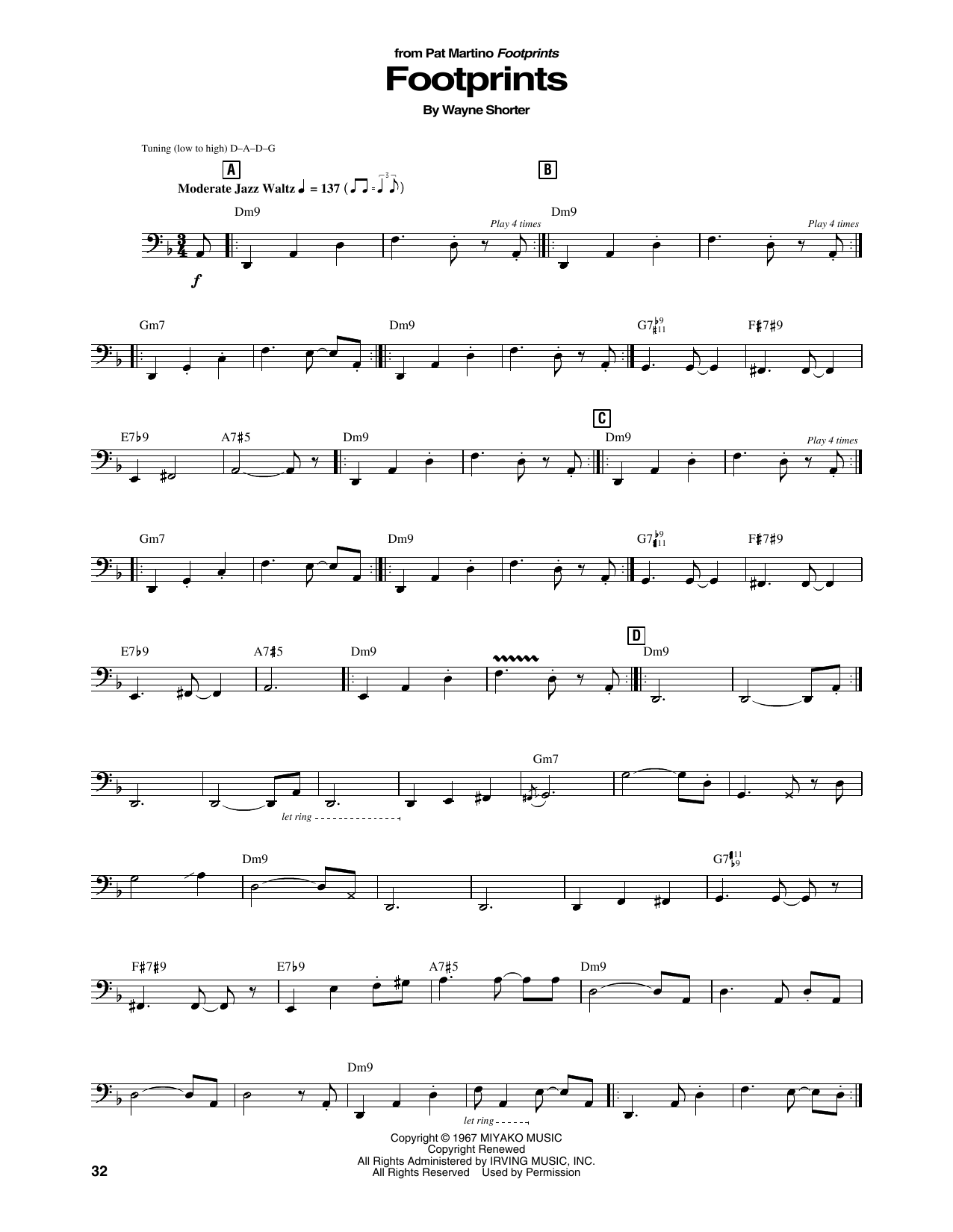 Learn to play Pat Martino Footprints sheet music for String Bass Transcription in minutes. Price: 5.9900$ Pat Martino Footprints sheet music notes and chords arranged for String Bass Transcription