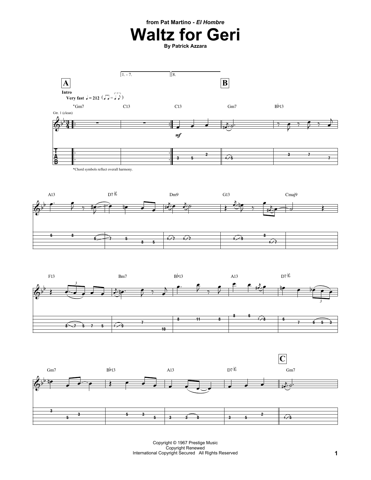 Learn to play Pat Martino Waltz For Geri sheet music for Guitar Tab in minutes. Price: 7.8900$ Pat Martino Waltz For Geri sheet music notes and chords arranged for Guitar Tab