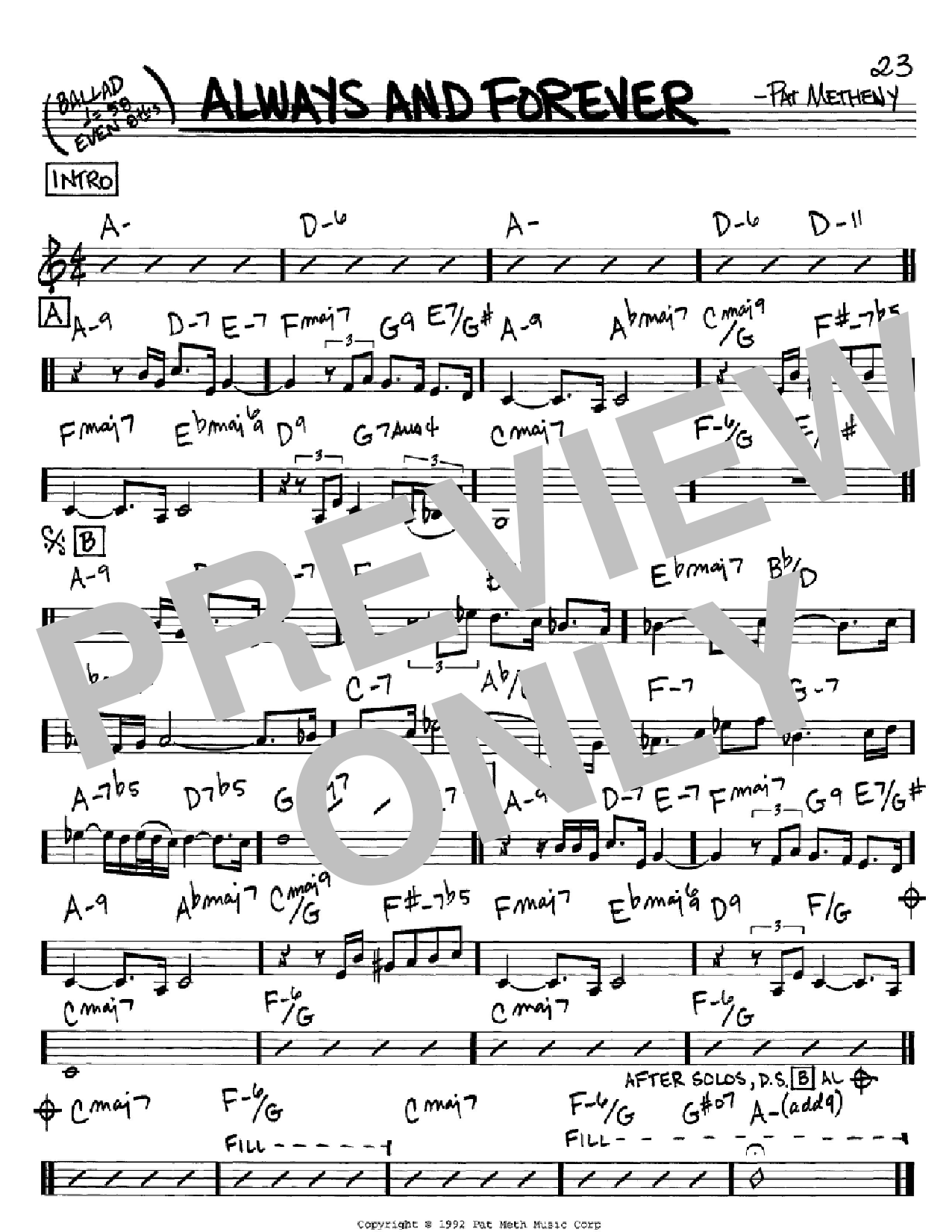 Learn to play Pat Metheny Always And Forever sheet music for Real Book – Melody & Chords in minutes. Price: 5.9900$ Pat Metheny Always And Forever sheet music notes and chords arranged for Real Book – Melody & Chords