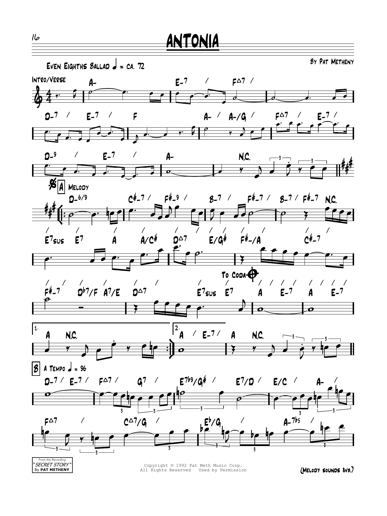 Learn to play Pat Metheny Antonia sheet music for Real Book – Melody & Chords in minutes. Price: 5.9900$ Pat Metheny Antonia sheet music notes and chords arranged for Real Book – Melody & Chords