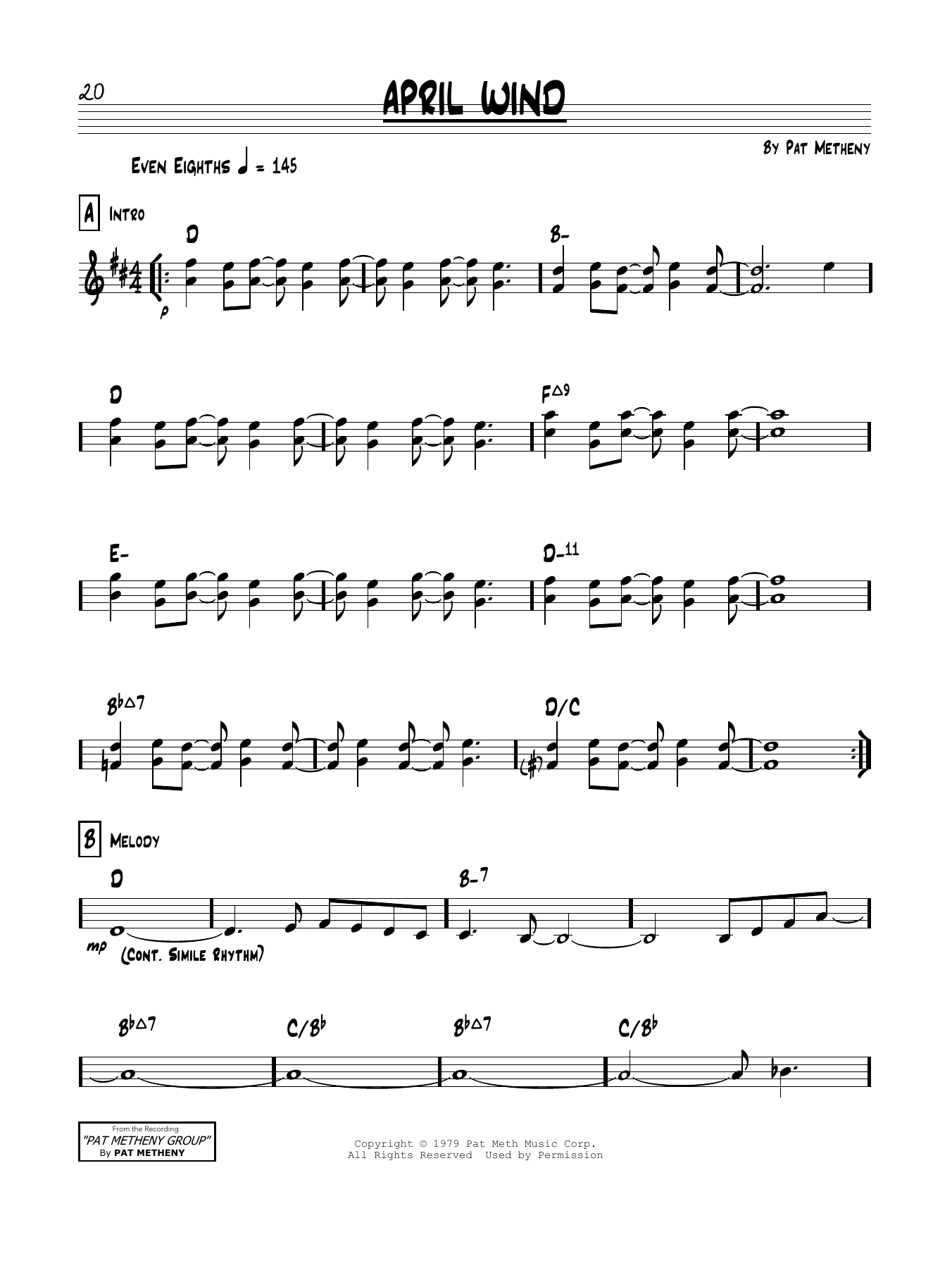 Learn to play Pat Metheny April Wind sheet music for Real Book – Melody & Chords in minutes. Price: 5.9900$ Pat Metheny April Wind sheet music notes and chords arranged for Real Book – Melody & Chords