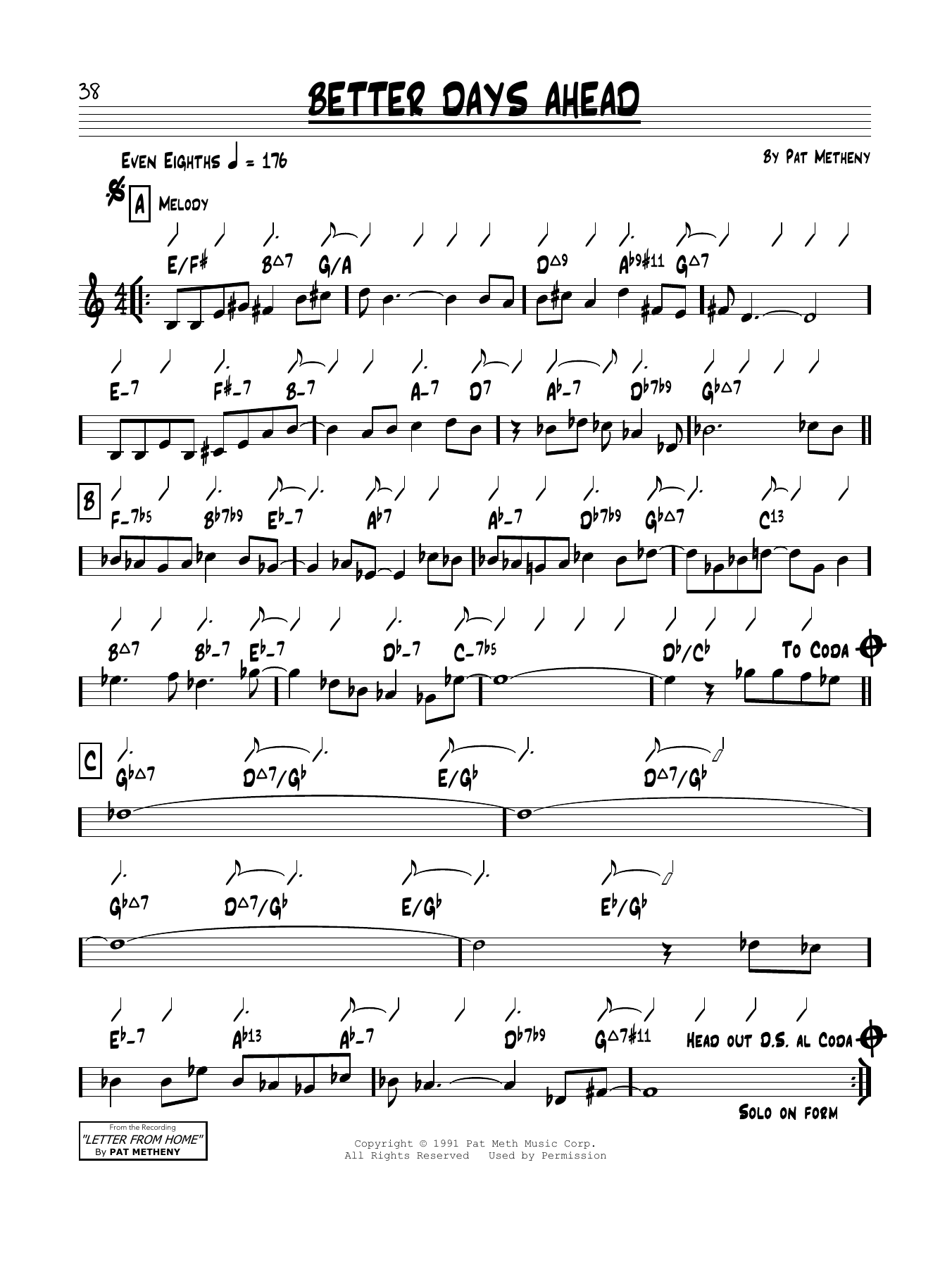 Pat Metheny Better Days Ahead sheet music notes and chords. Download Printable PDF.