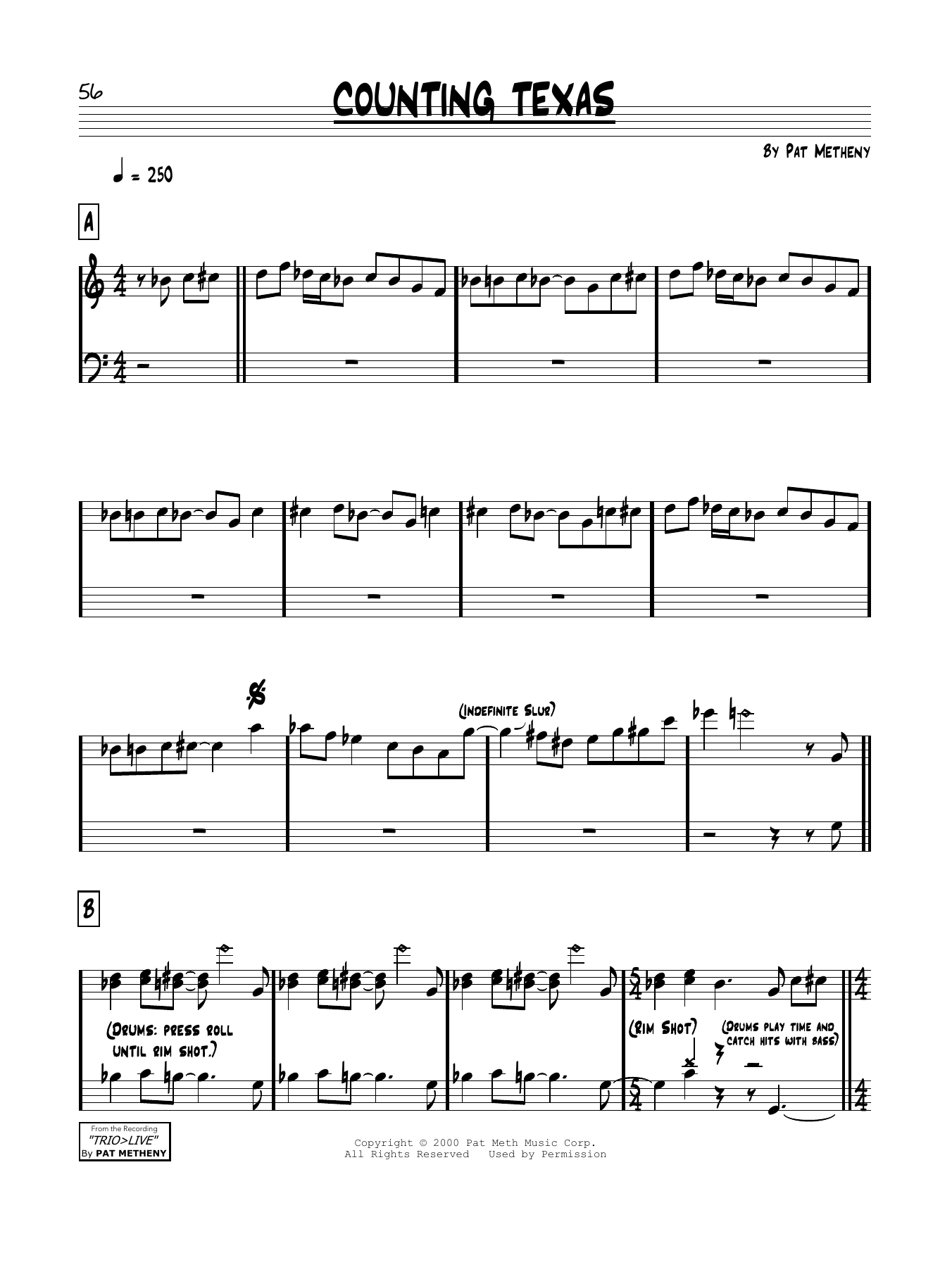 Learn to play Pat Metheny Counting Texas sheet music for Real Book – Melody & Chords in minutes. Price: 5.9900$ Pat Metheny Counting Texas sheet music notes and chords arranged for Real Book – Melody & Chords