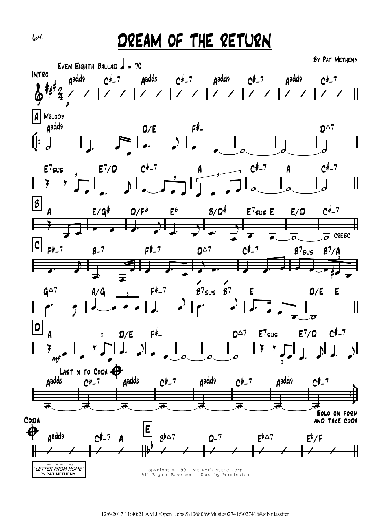 Learn to play Pat Metheny Dream Of The Return sheet music for Real Book – Melody & Chords in minutes. Price: 5.9900$ Pat Metheny Dream Of The Return sheet music notes and chords arranged for Real Book – Melody & Chords