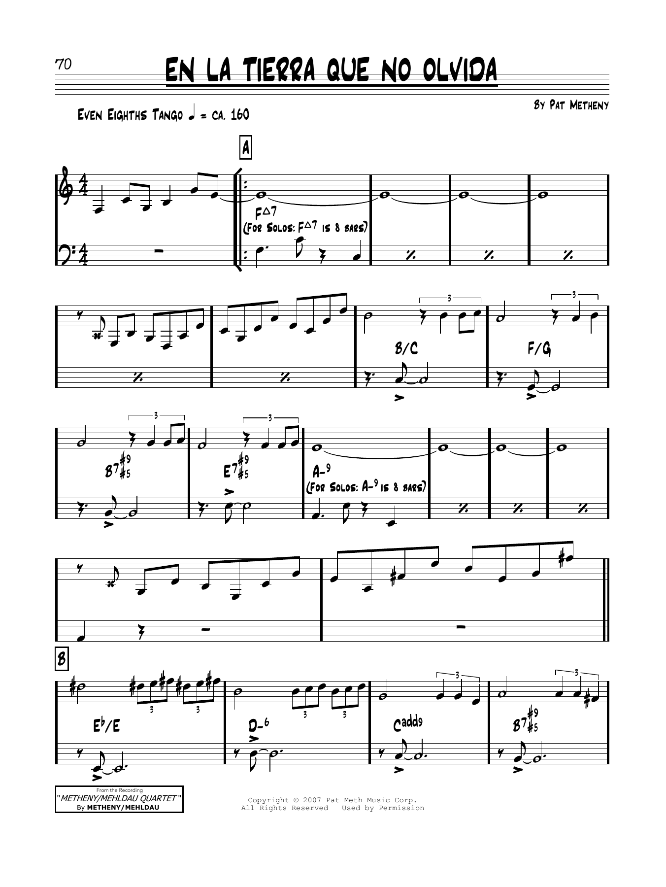 Learn to play Pat Metheny En La Tierra Que No Olvida sheet music for Real Book – Melody & Chords in minutes. Price: 5.9900$ Pat Metheny En La Tierra Que No Olvida sheet music notes and chords arranged for Real Book – Melody & Chords