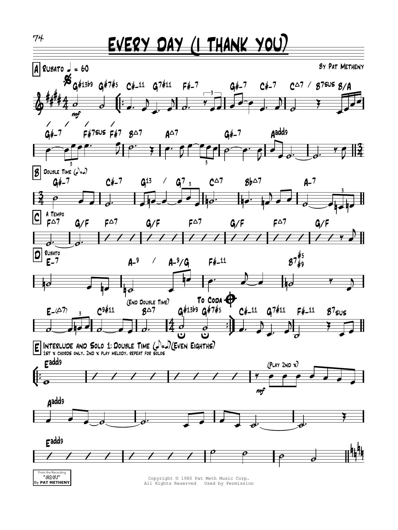 Learn to play Pat Metheny Every Day (I Thank You) sheet music for Real Book – Melody & Chords in minutes. Price: 5.9900$ Pat Metheny Every Day (I Thank You) sheet music notes and chords arranged for Real Book – Melody & Chords