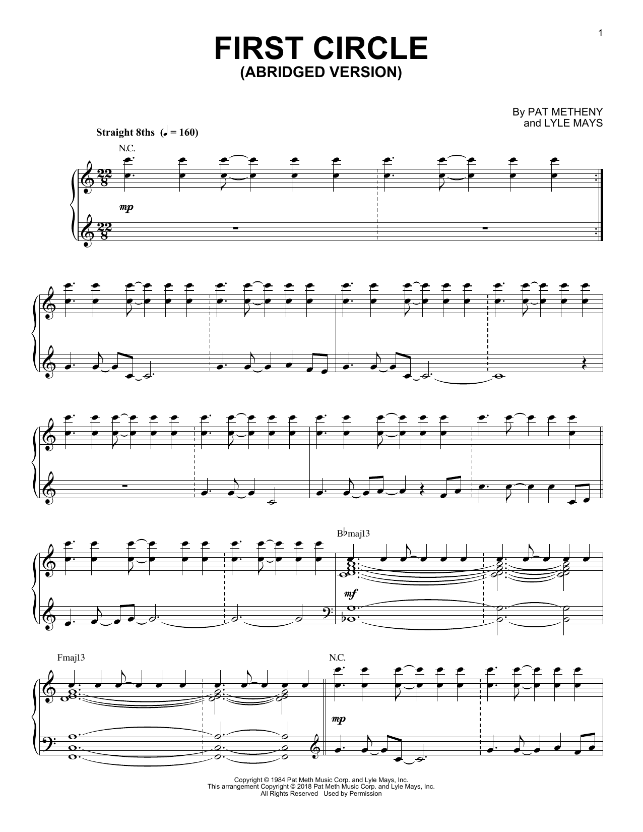 Pat Metheny First Circle sheet music notes and chords arranged for Piano Solo