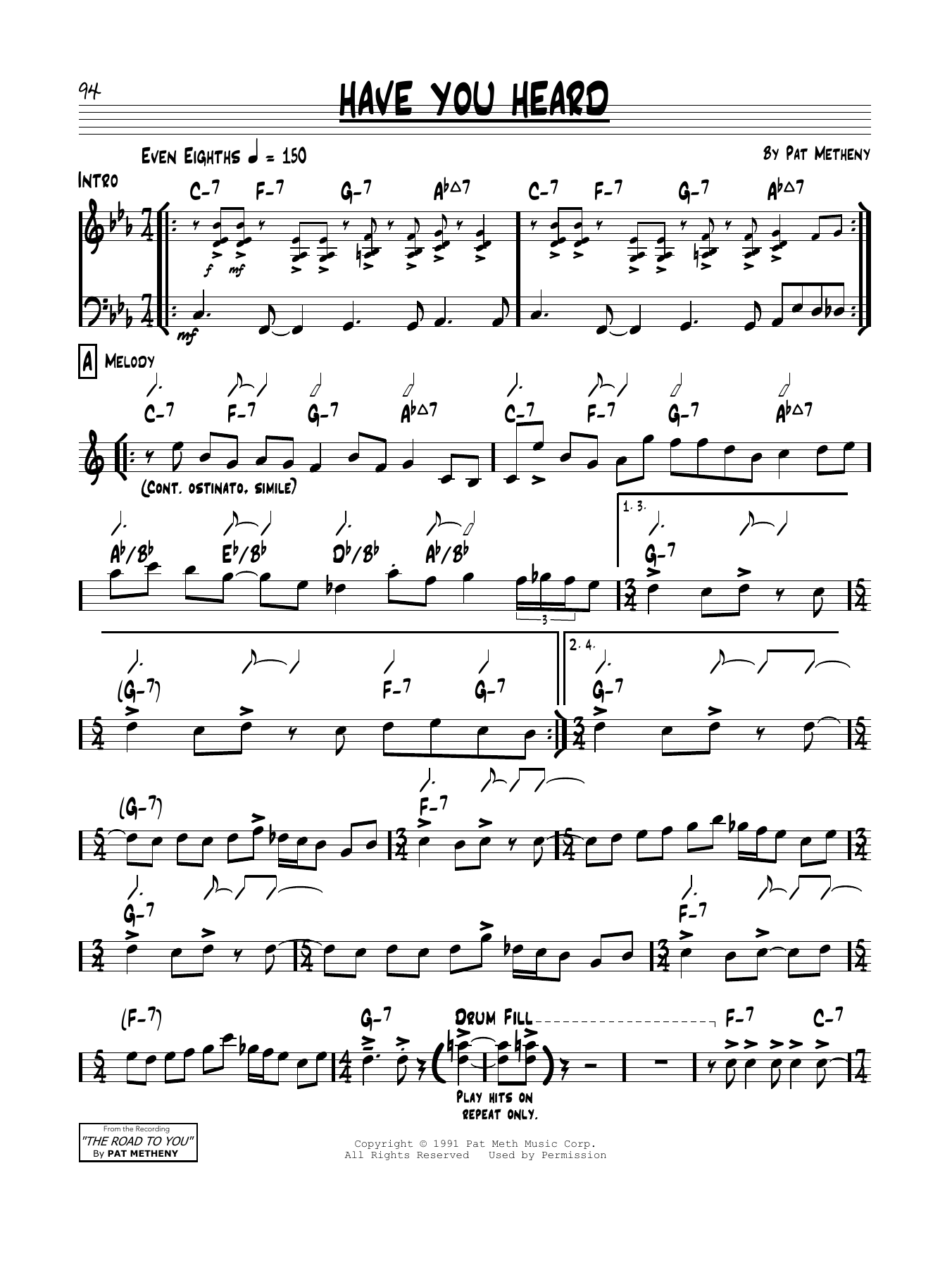Learn to play Pat Metheny Have You Heard sheet music for Real Book – Melody & Chords in minutes. Price: 5.9900$ Pat Metheny Have You Heard sheet music notes and chords arranged for Real Book – Melody & Chords